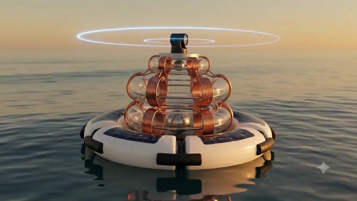 Render of the full WaveForge buoy: a white floating ring hull with deck-mounted solar panels, a three-tier stacked tower of clear sealed induction spheres wrapped in copper coils (each containing a rolling magnet sphere) tuned to different wave-frequency bands, topped by a rotating LIDAR sensor, on a calm sea at sunset.